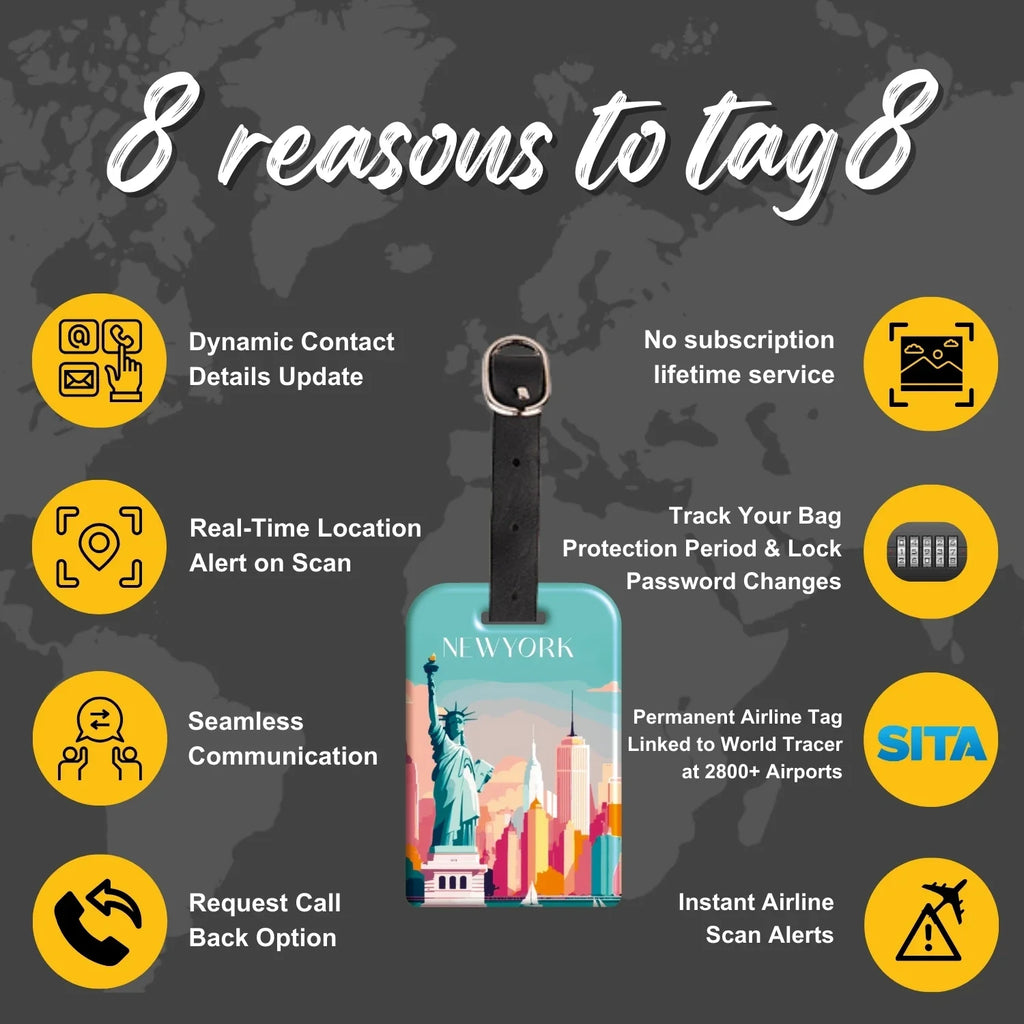 New York QR Bag Tag by tag8 for luggage security