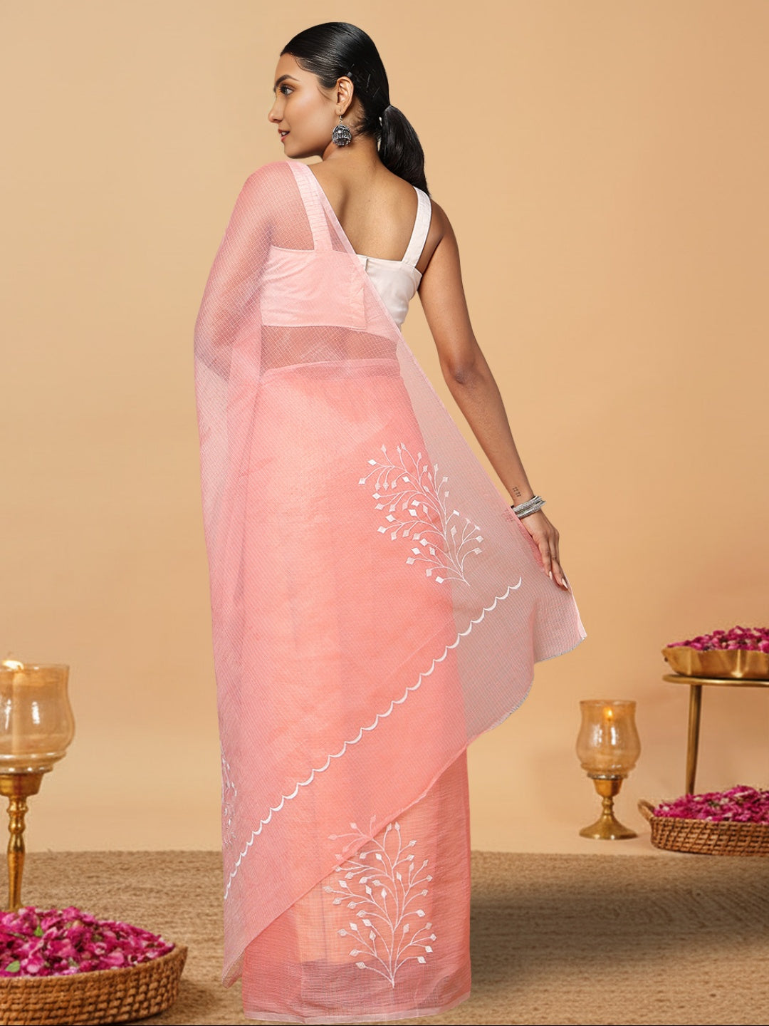 Playful Kota Doria Cotton Bel Embroidery Pink Saree Handdyed