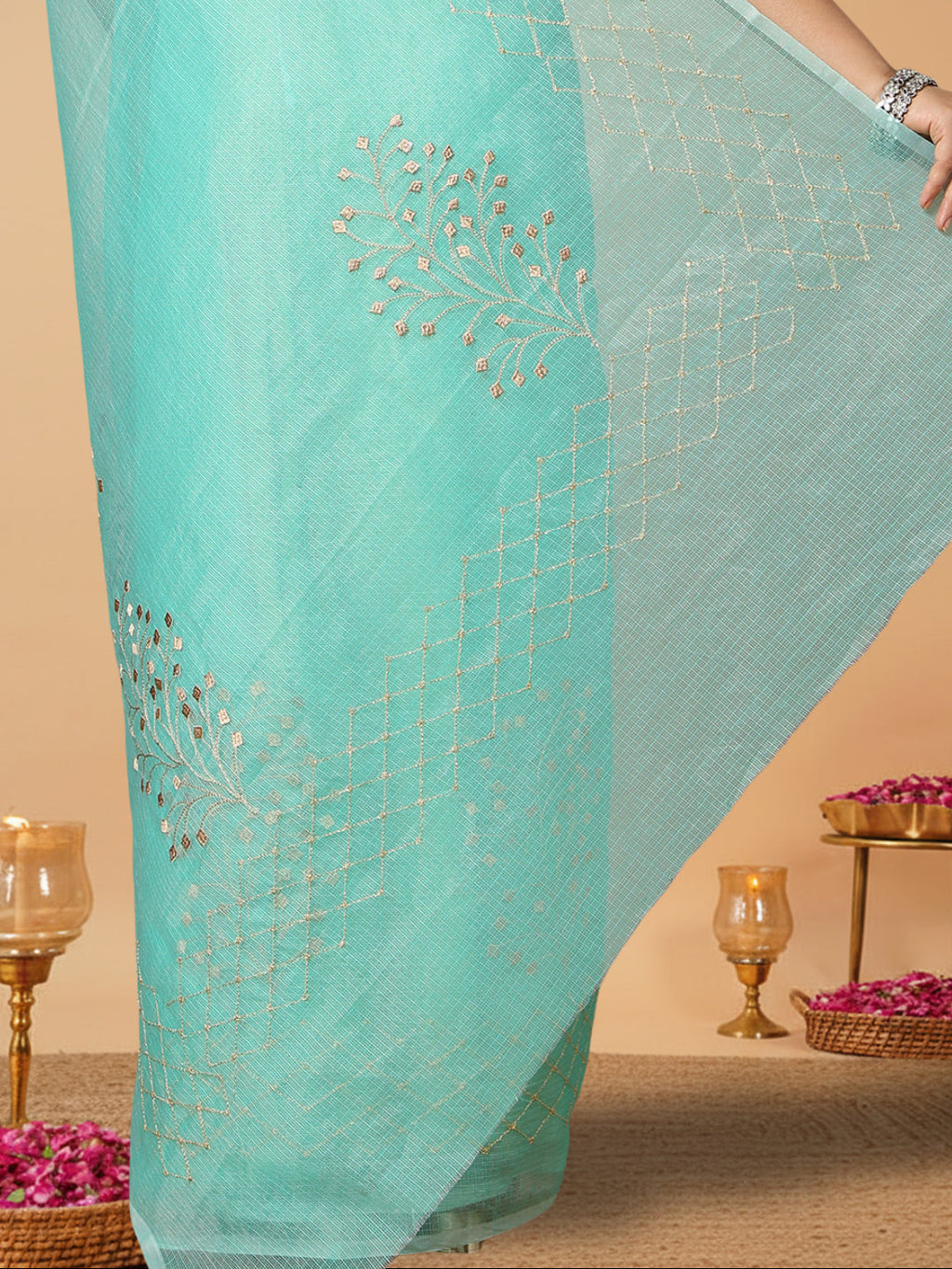 Kota Doria Cotton Bel Embroidery Saree Sea Green Handdyed