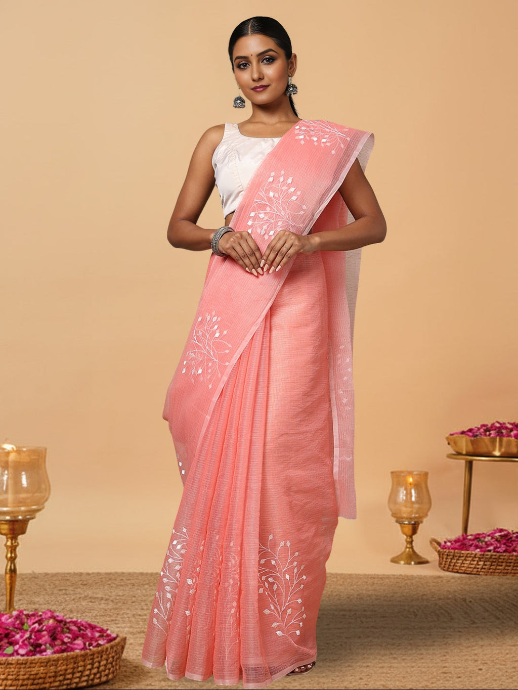 Playful Kota Doria Cotton Bel Embroidery Pink Saree Handdyed