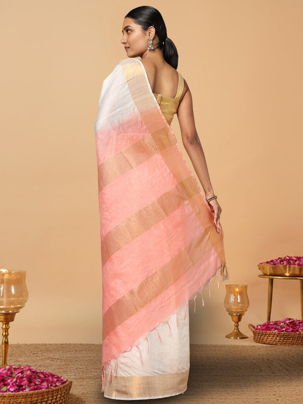 Handloom Kota Silk Serene Beige & Rust Orange Saree