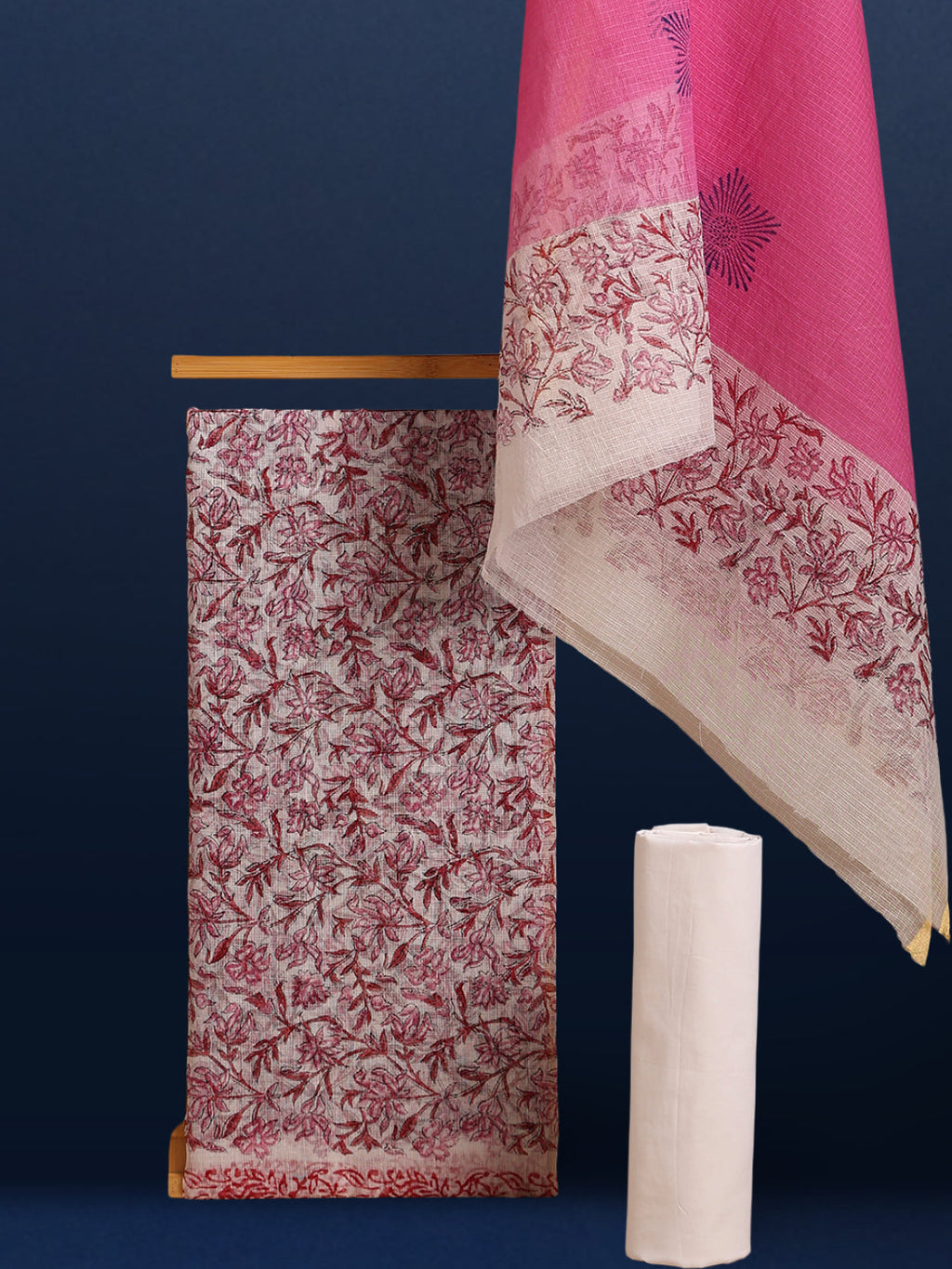 Bright Kota Doria Pink Blockprinted Suit (Top+Dupatta+Bottom)