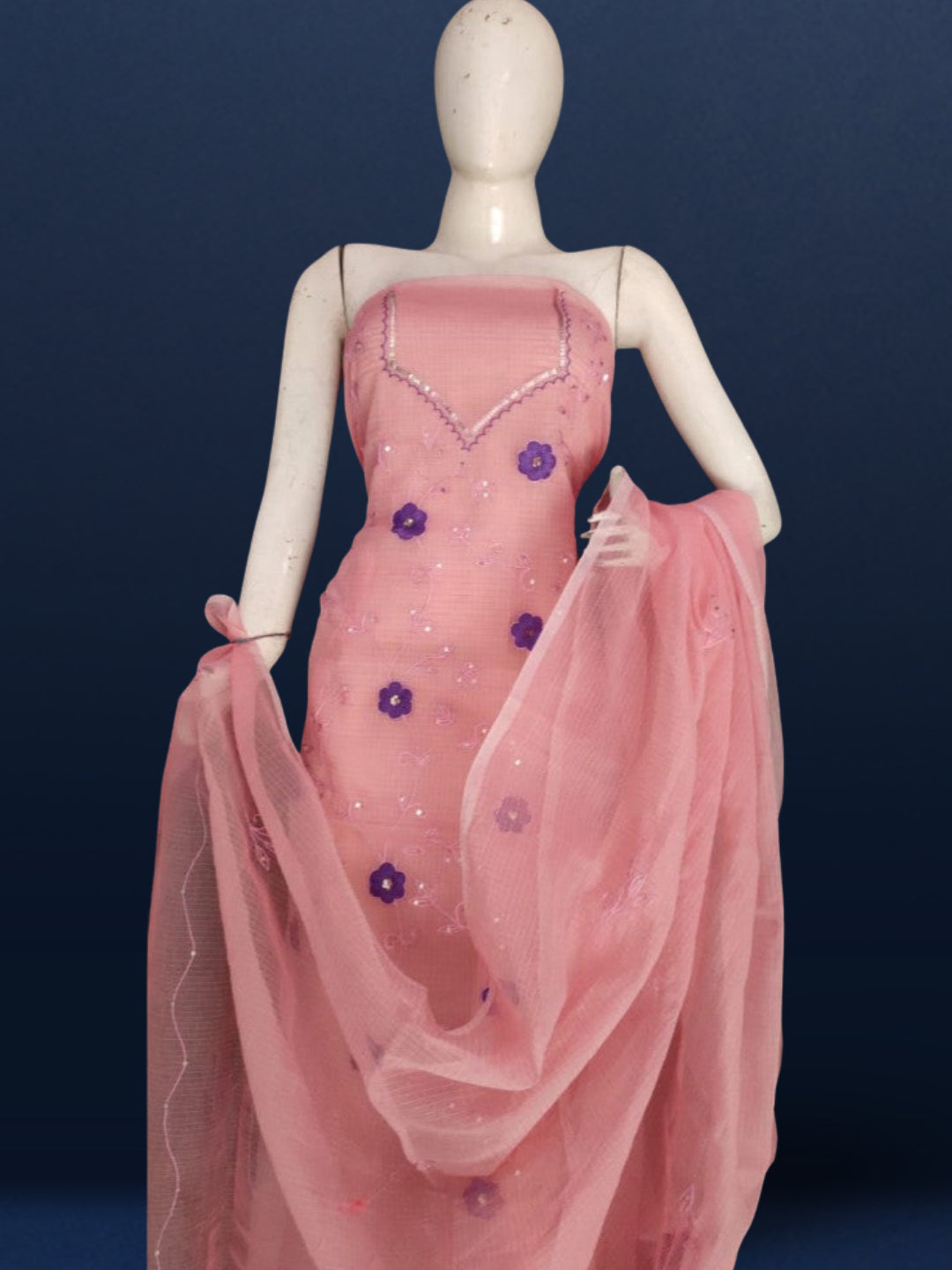 Brilliant Kota Doria Pink Suit Material Embroidered