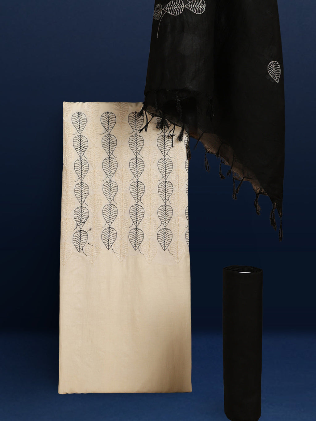 Katan Silk Embroidered White & Black Suit