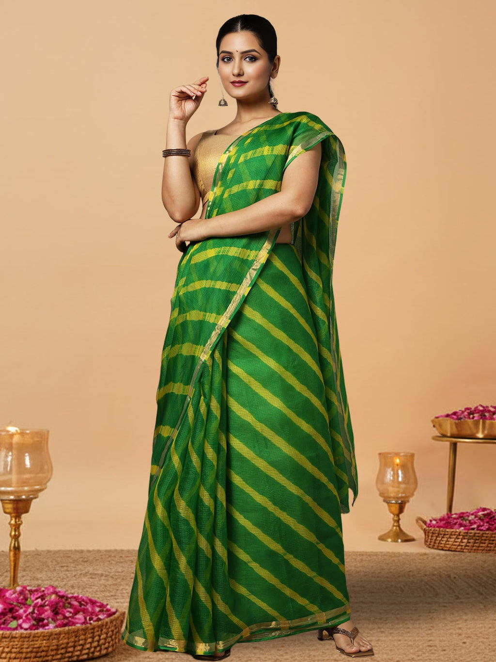 Ornamental Pure Silk Kota Doria Green Saree Handcrafted
