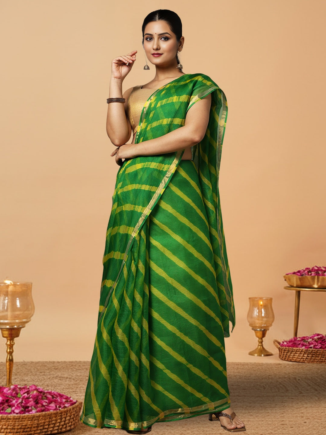 Ornamental Pure Silk Kota Doria Green Saree Handcrafted