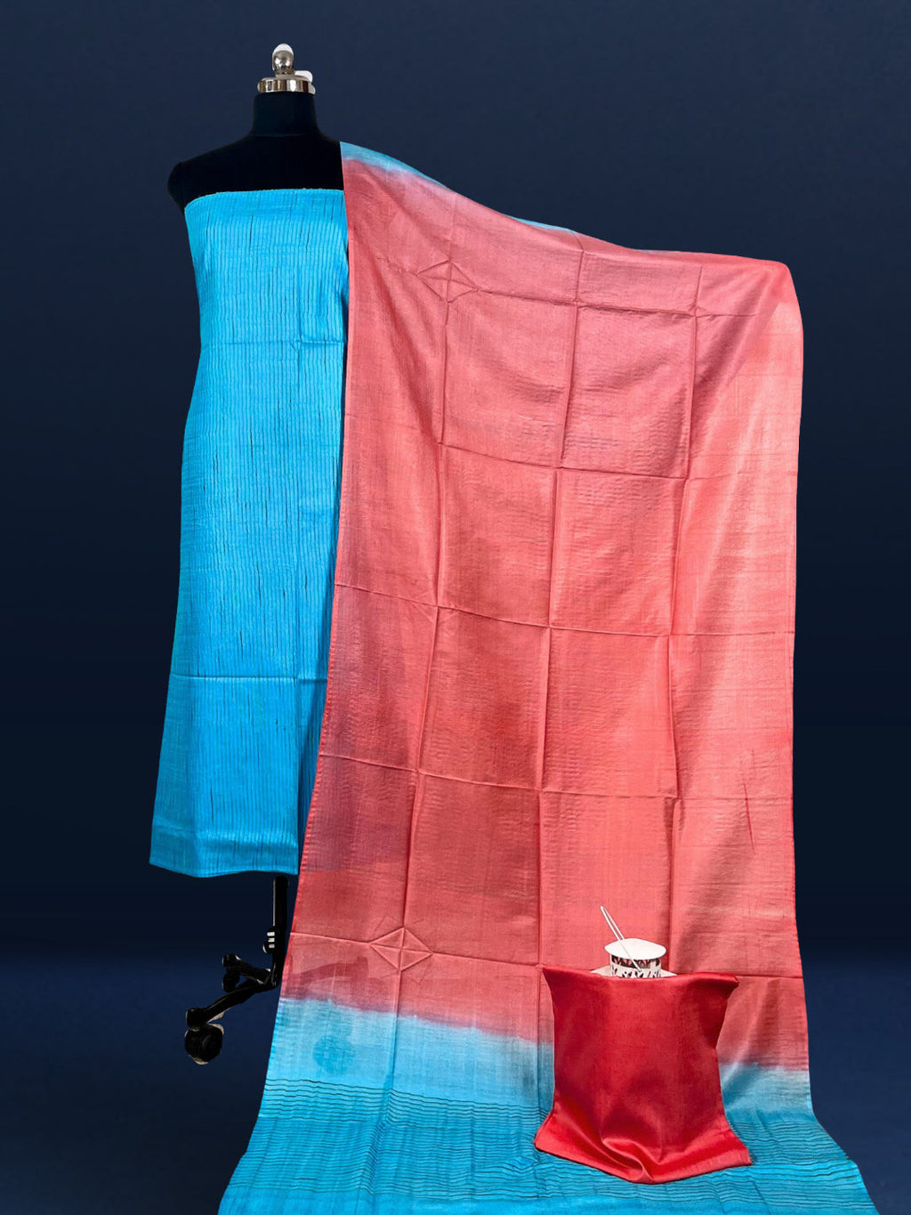 Handdyed Katan Silk Blue & Red Contrast Suit