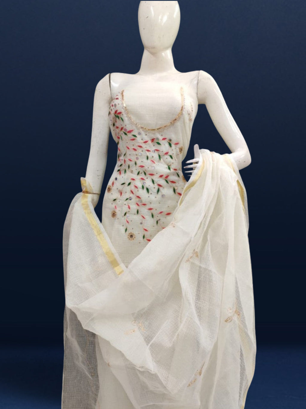 Enchanting Kota Doria Embroidered Suit Material White