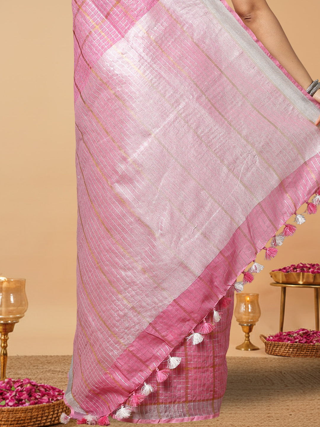 Pure Linen Check Design Handloom Light Pink Saree
