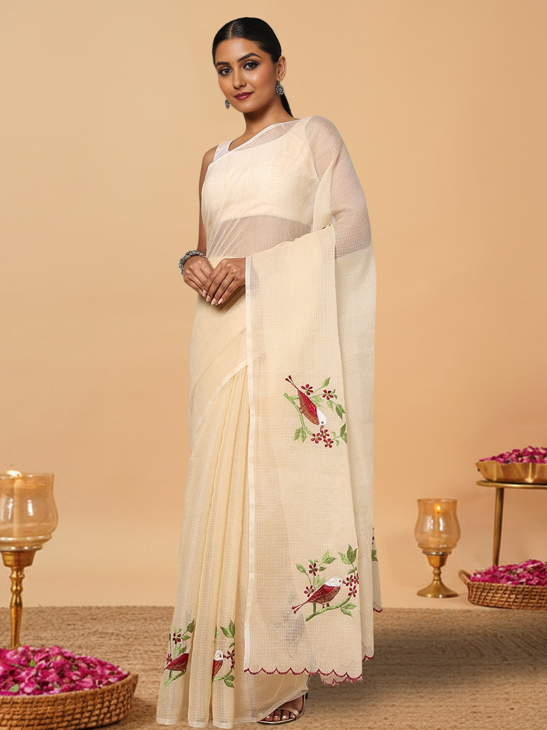 Plum Kota Doria Cotton Bird Embroidery Yellow Saree Handdyed