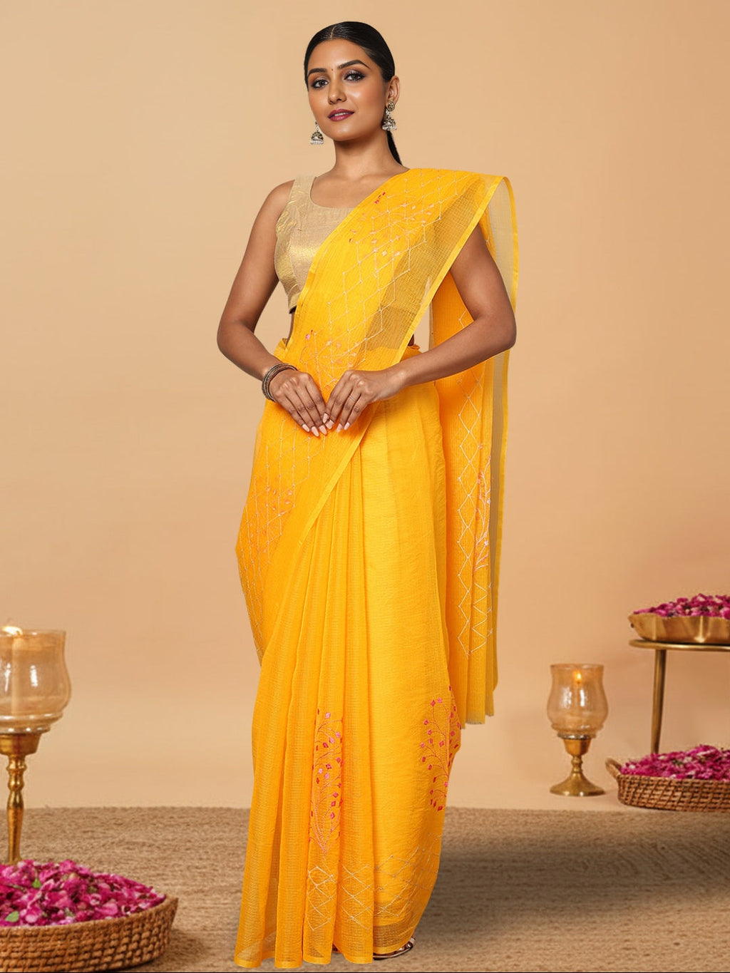 Bright Kota Doria Cotton Bel Embroidery Yellow Saree Handdyed
