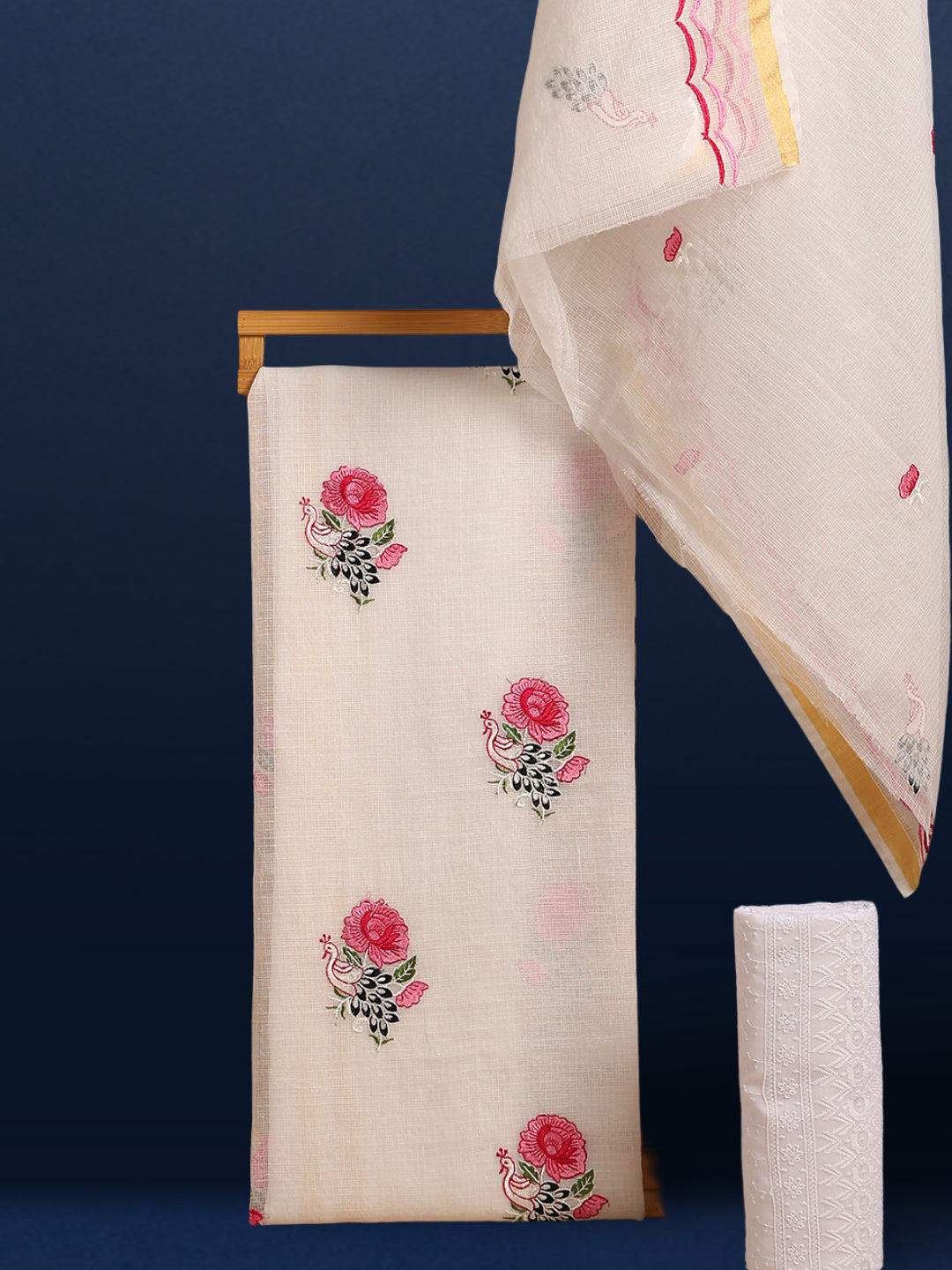Embroidered Vivid Kota Doria White Suit (Top+Bottom+Dupatta)