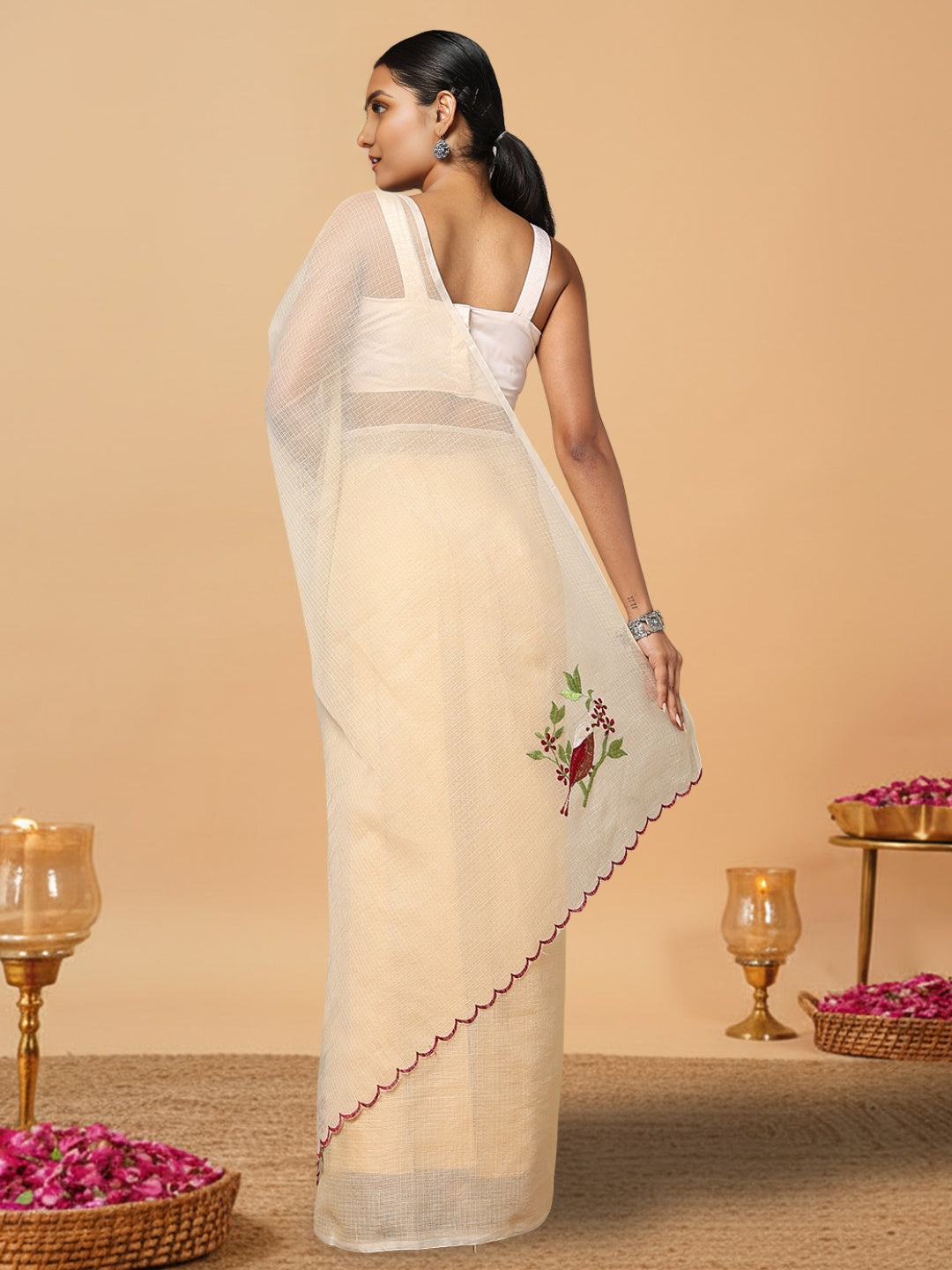 Plum Kota Doria Cotton Bird Embroidery Yellow Saree Handdyed