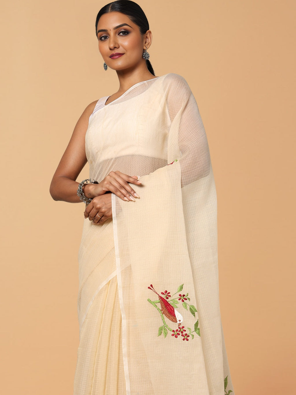 Plum Kota Doria Cotton Bird Embroidery Yellow Saree Handdyed