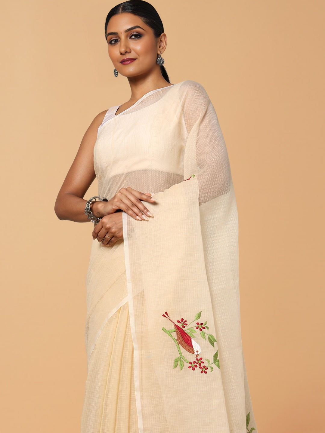 Plum Kota Doria Cotton Bird Embroidery Yellow Saree Handdyed