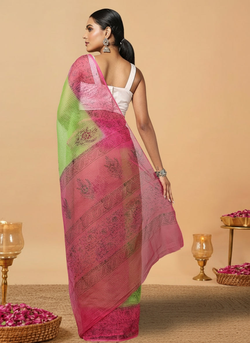 Vibrant Kota Doria Blockprinted Green & Pink Saree