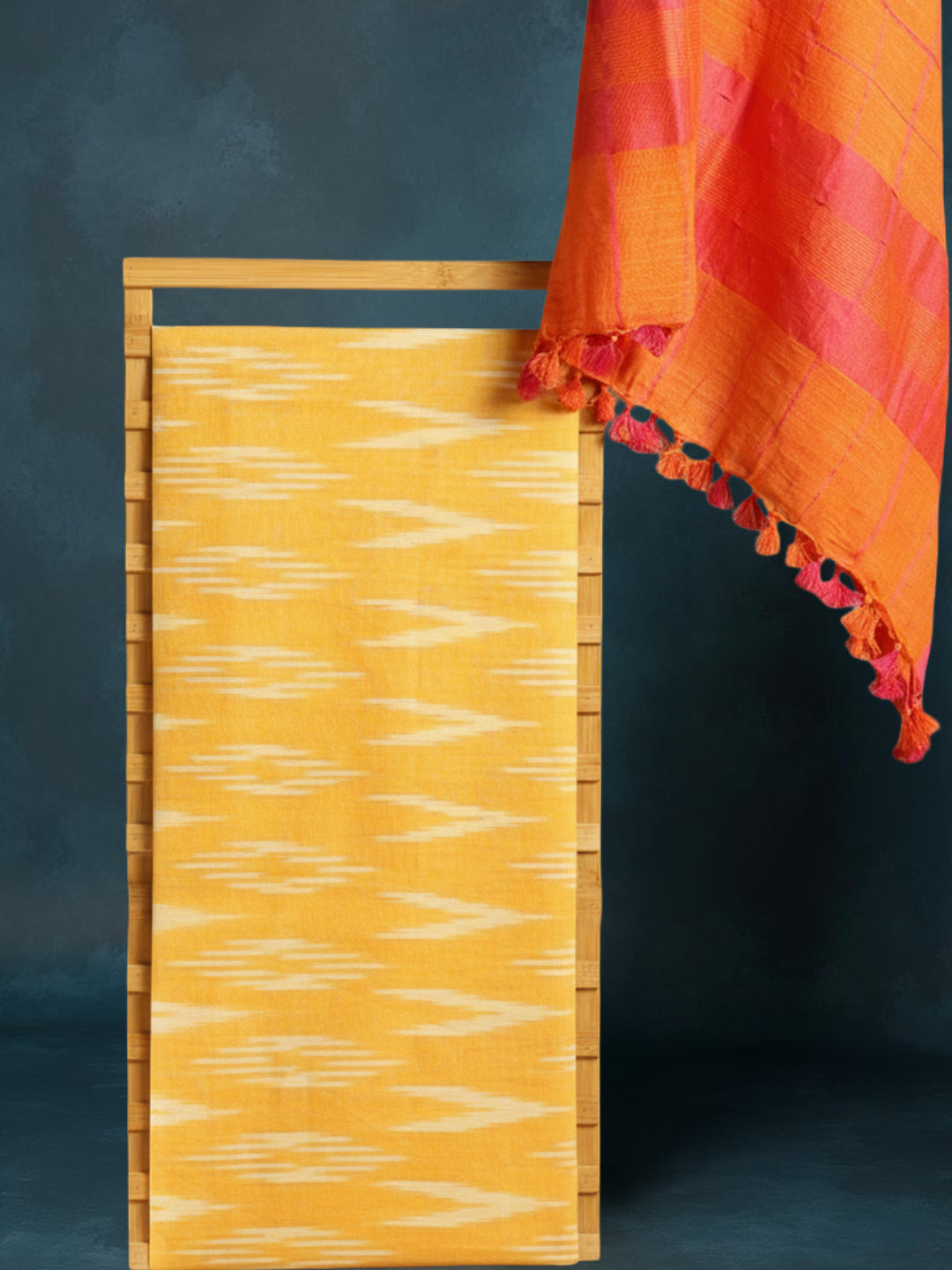 Pure Linen Lustrous Red Dupatta & Yellow Ikkat Kurti Set