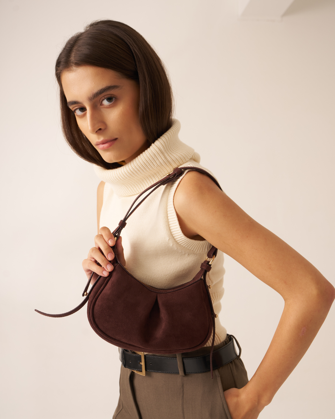 Pleated Moon Suede Dark Chocolate