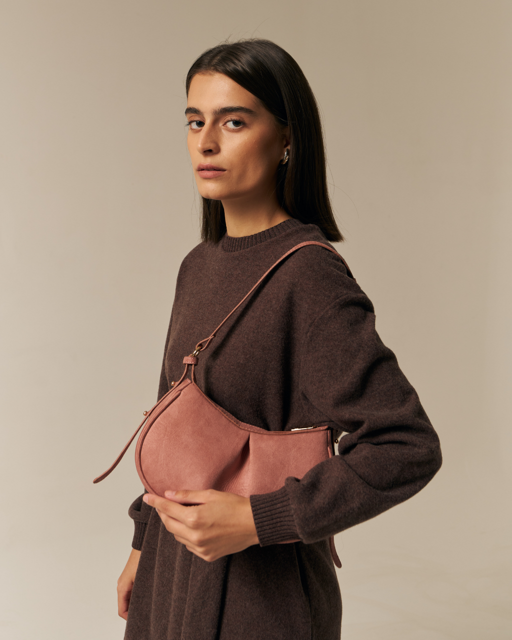 Pleated Moon Suede Pink Shoulder Bag
