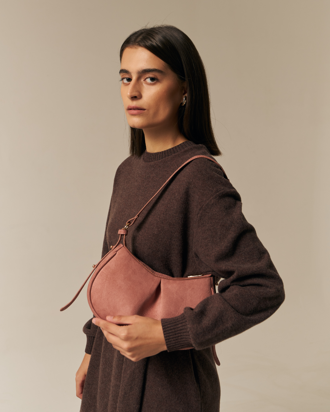 Pleated Moon Suede Pink Shoulder Bag