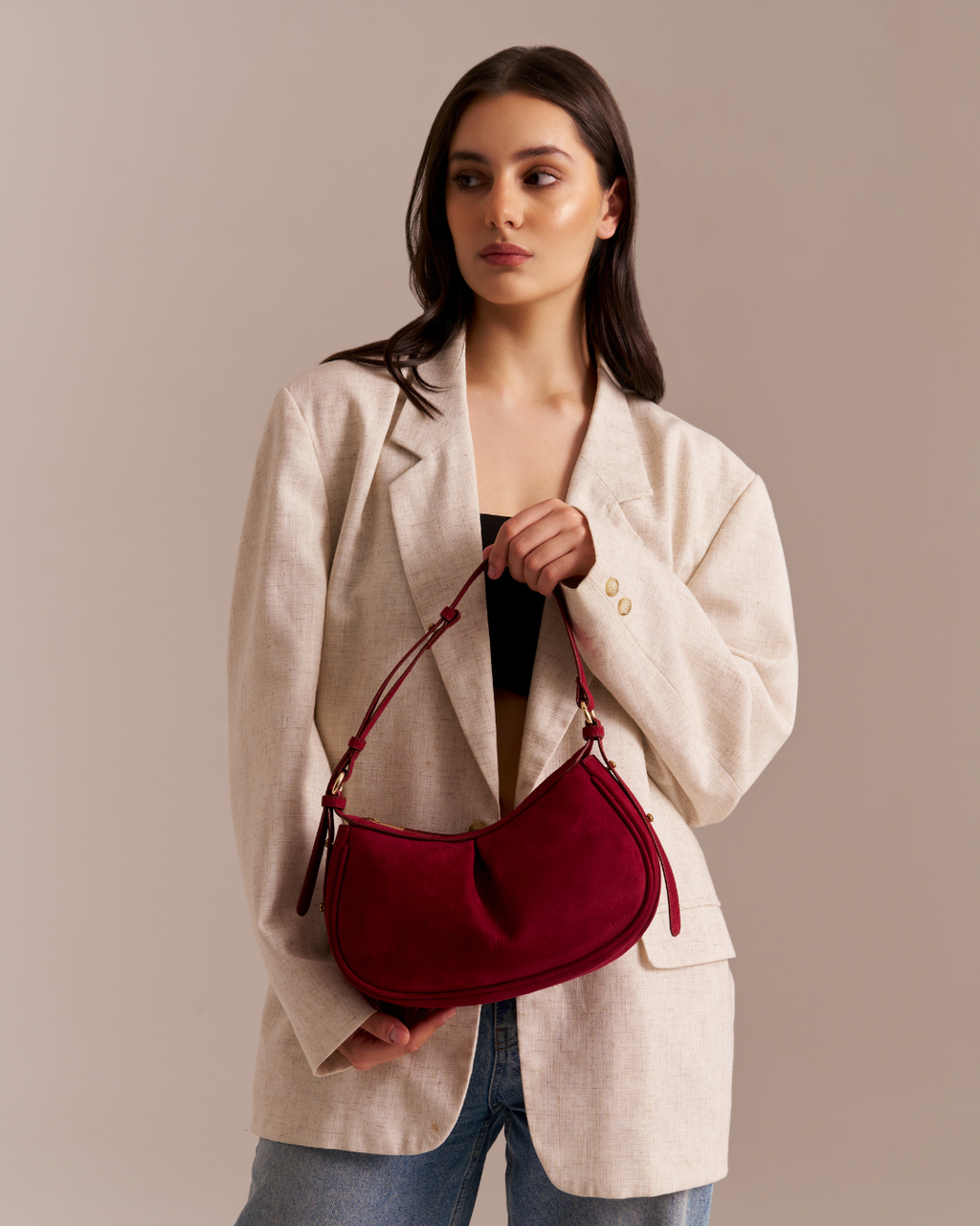 Pleated Moon Suede Red Bag