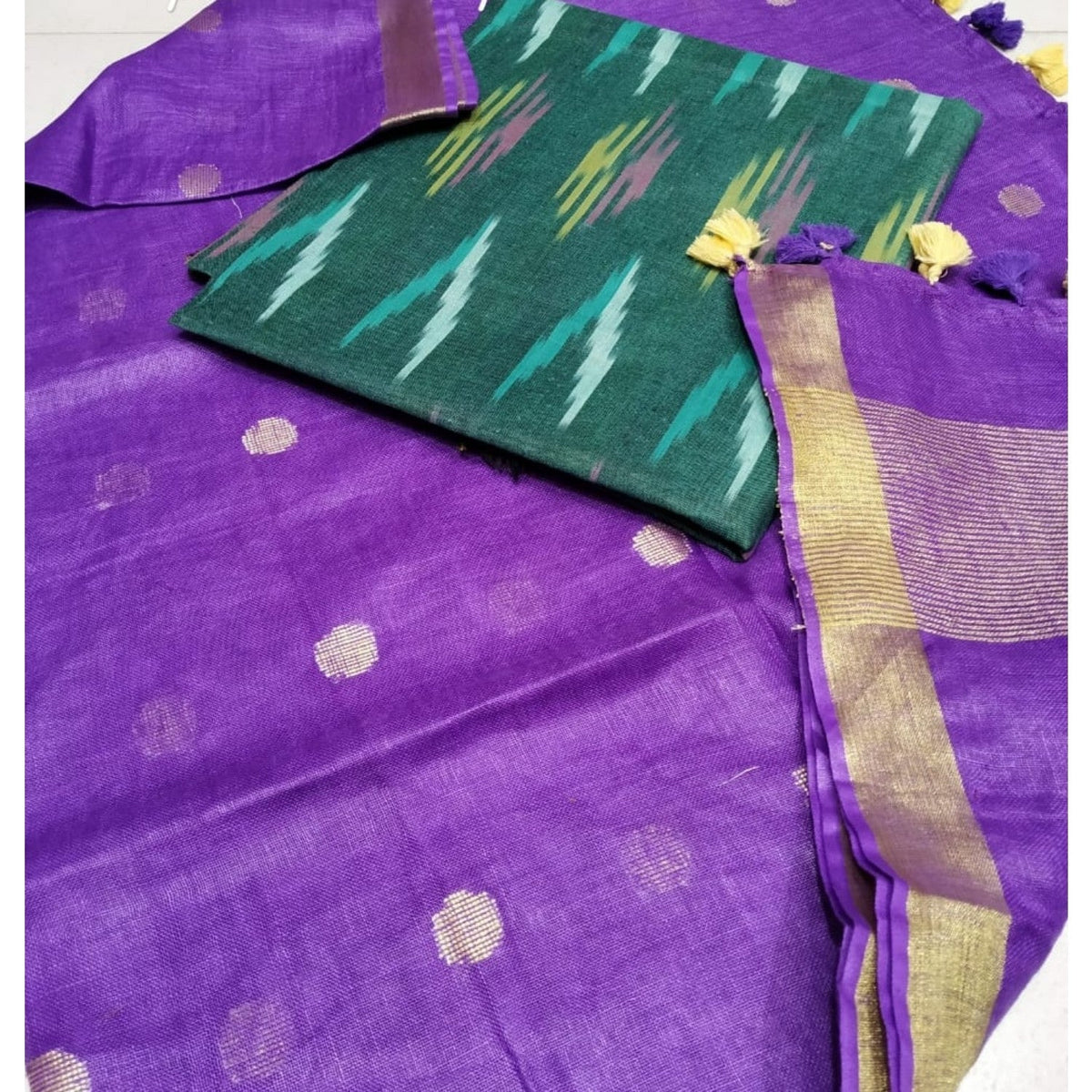 Pure Linen Purple Dupatta With Green Ikkat Kurti Material-Indiehaat