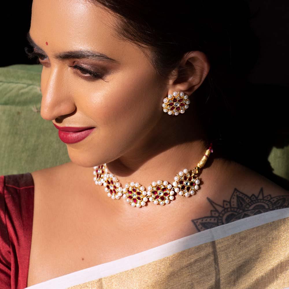 Red Kundan with Pearl Gold Plated Silver Choker Set Necklaces - By Unniyarcha - Original Manufacturers of Silver Jewelry, Gold Plated Jewellery, Fashion Jewellery and Personalized Soul Bands and Personalized Jewelry