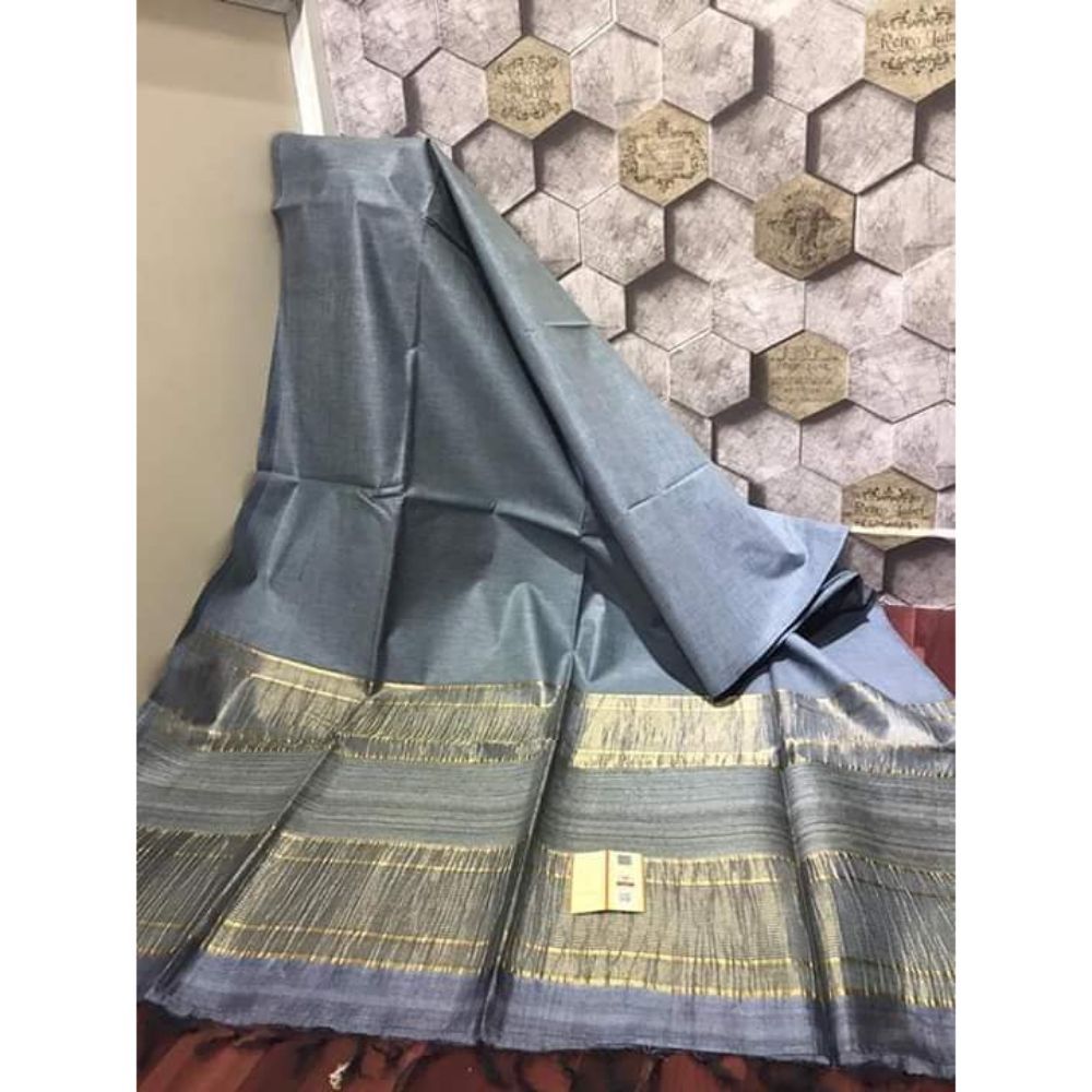 Pure Eri Silk Gray Saree with Running Blouse-Indiehaat