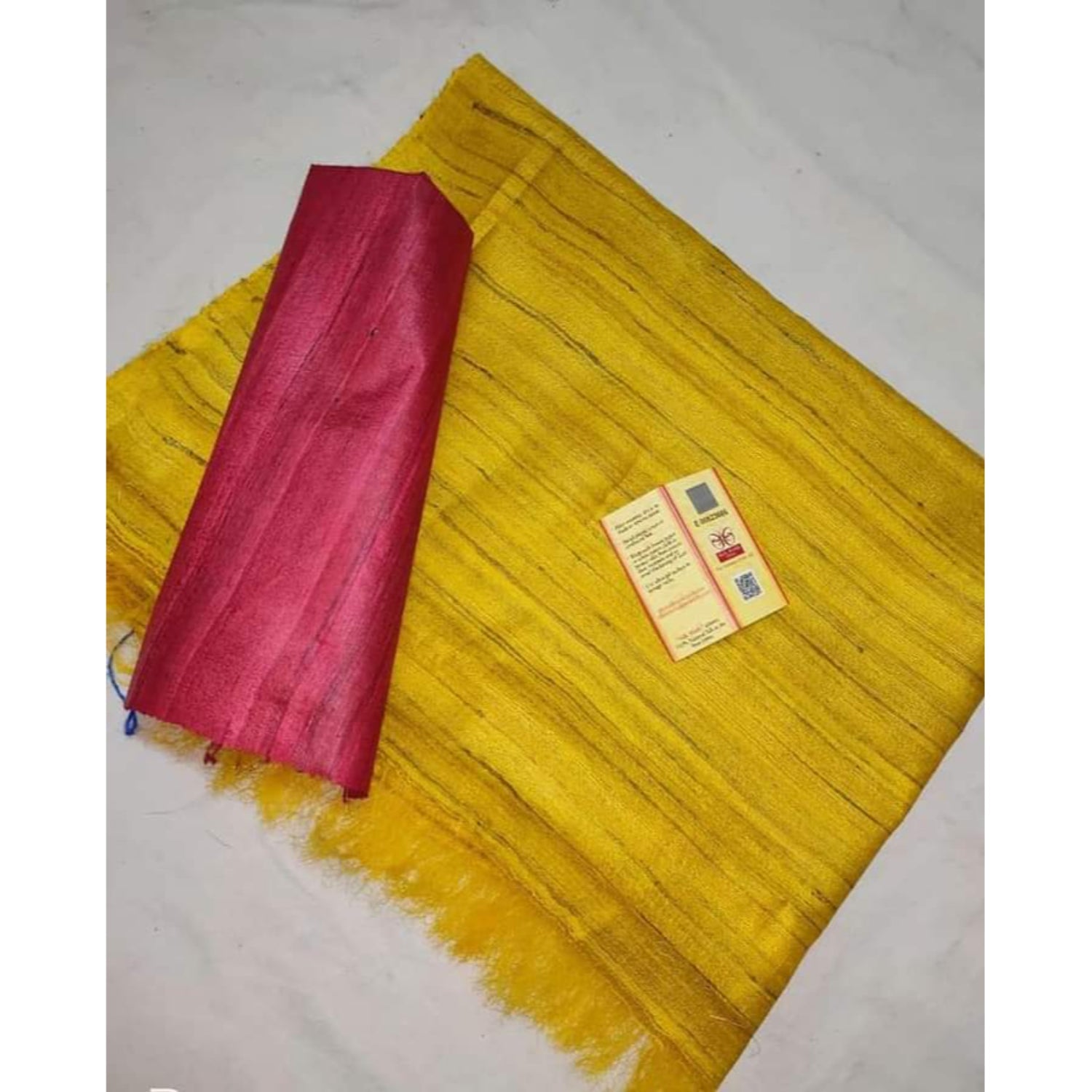 Silkmark Certified Gichcha Tussar Handloom Hand Dyed Yellow Saree with Contrast Blouse-Indiehaat