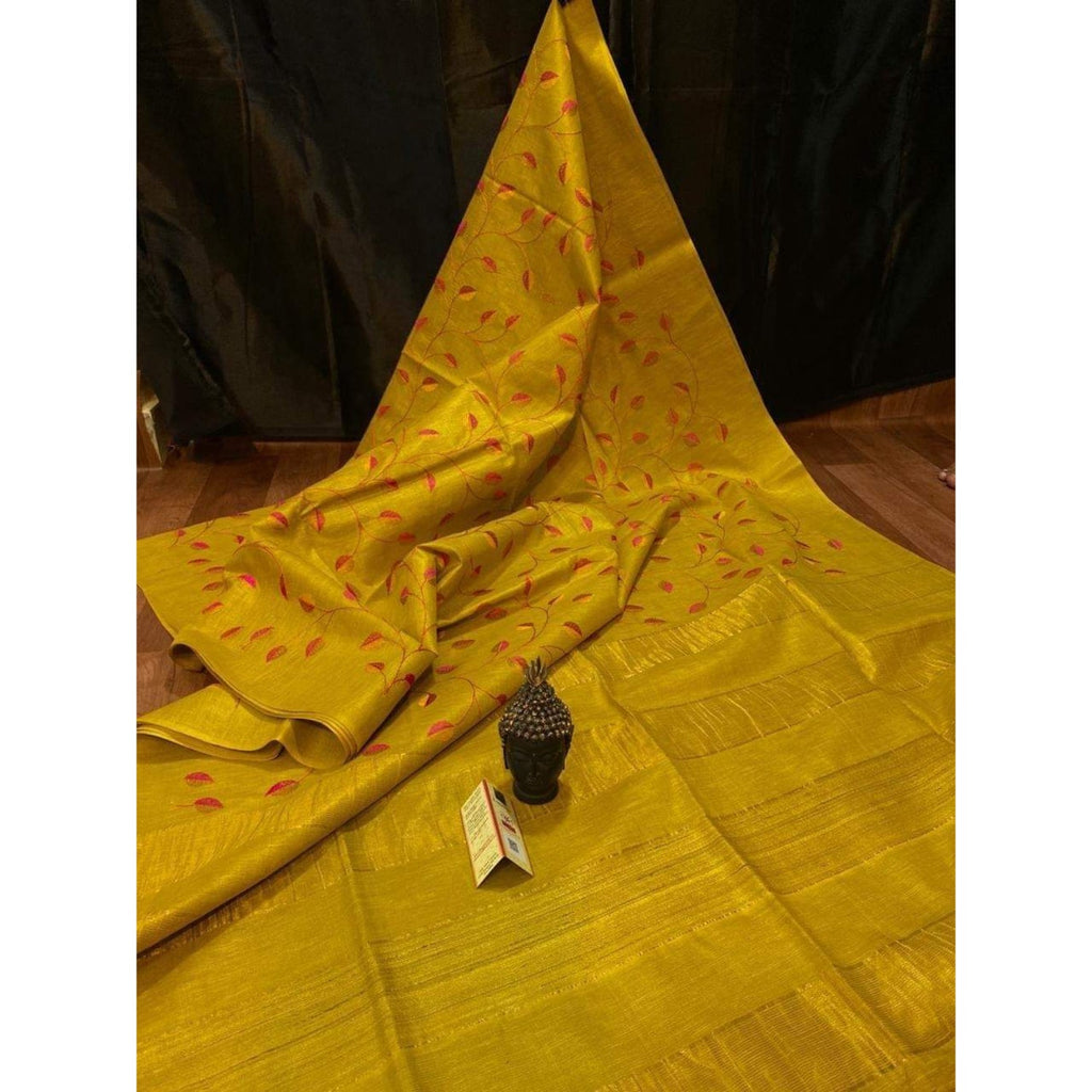 Eri Silk Digital Embroidered Yellow Saree with Running Blouse-Indiehaat