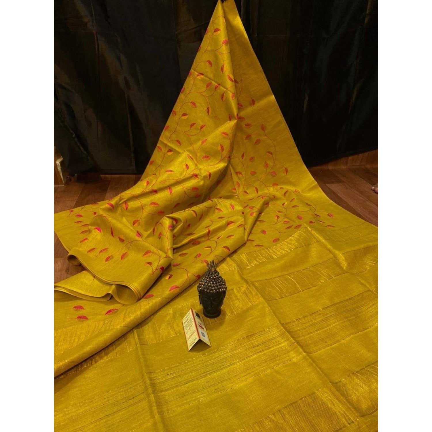 Eri Silk Digital Embroidered Yellow Saree with Running Blouse-Indiehaat