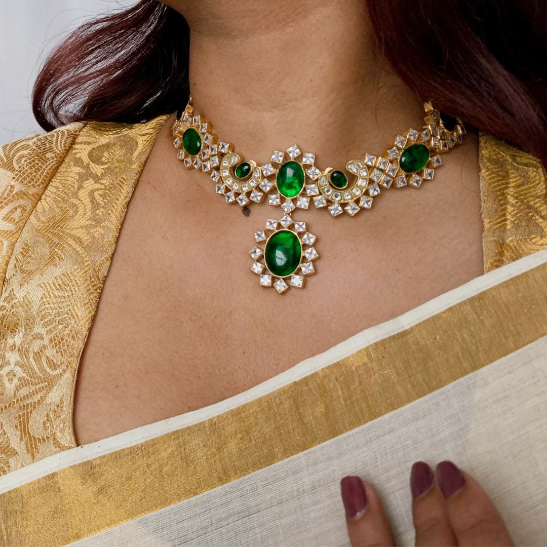 SILVER GOLD PLATED GREEN STONE CHOKER Necklaces - By Unniyarcha - Original Manufacturers of Silver Jewelry, Gold Plated Jewellery, Fashion Jewellery and Personalized Soul Bands and Personalized Jewelry