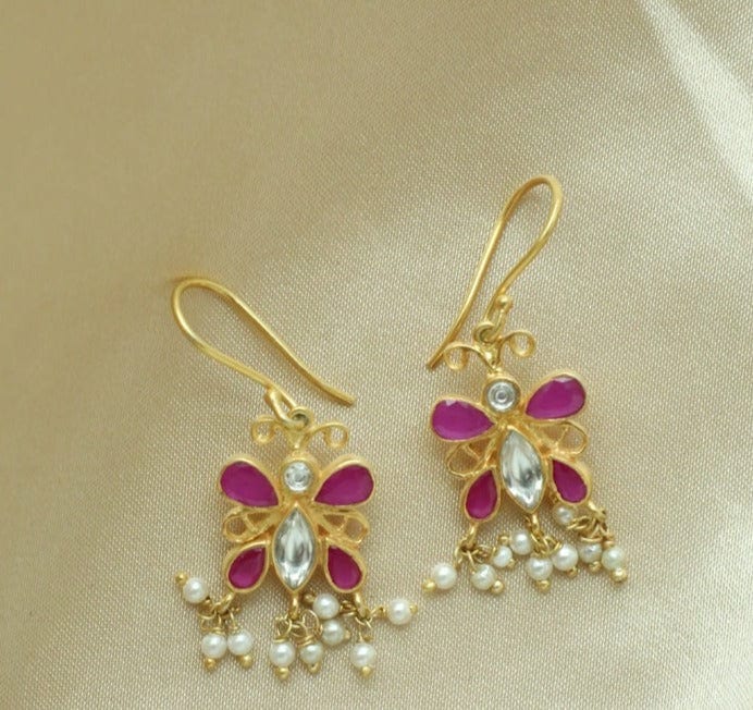 SILVER PINK AND WHITE BUTTERFLY DANGLING EARRINGS - By Unniyarcha - Original Manufacturers of Silver Jewelry, Gold Plated Jewellery, Fashion Jewellery and Personalized Soul Bands and Personalized Jewelry