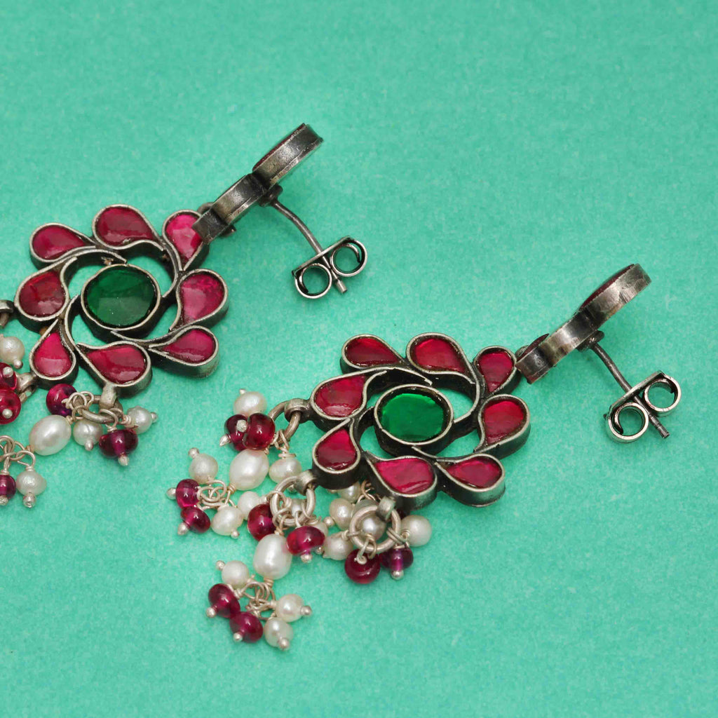 Silver Pink n Green Stone Dangler Earrings - By Unniyarcha - Original Manufacturers of Silver Jewelry, Gold Plated Jewellery, Fashion Jewellery and Personalized Soul Bands and Personalized Jewelry