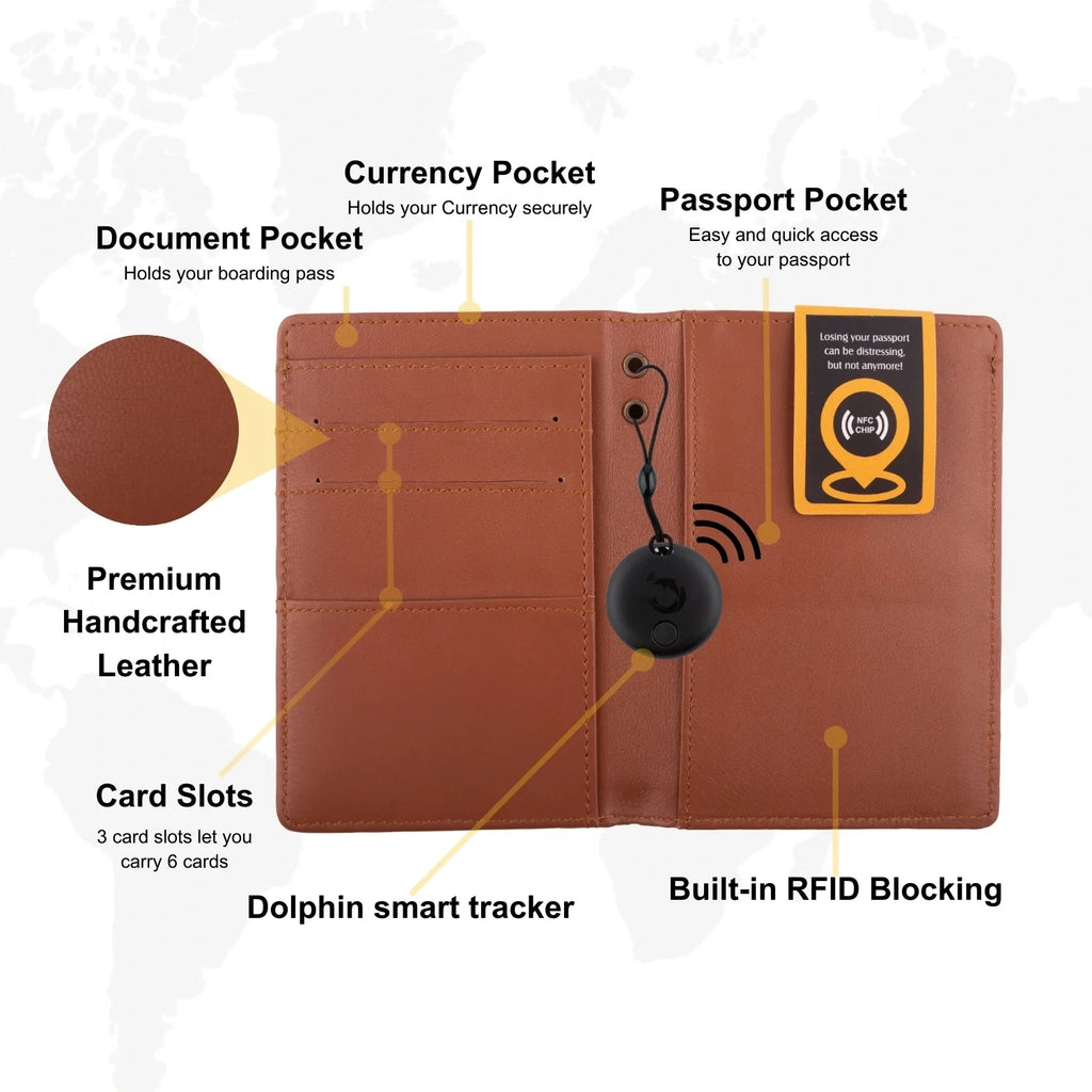 tag8 Dolphin Smart Leather Passport Tracker with premium leather case for secure and smart travel tracking