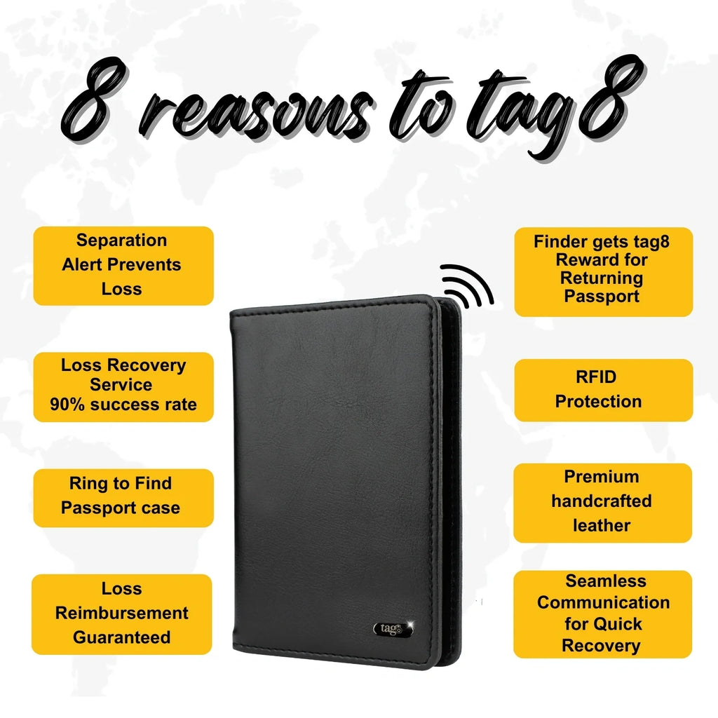tag8 Dolphin Smart Leather Passport Tracker with premium leather case for secure and smart travel tracking