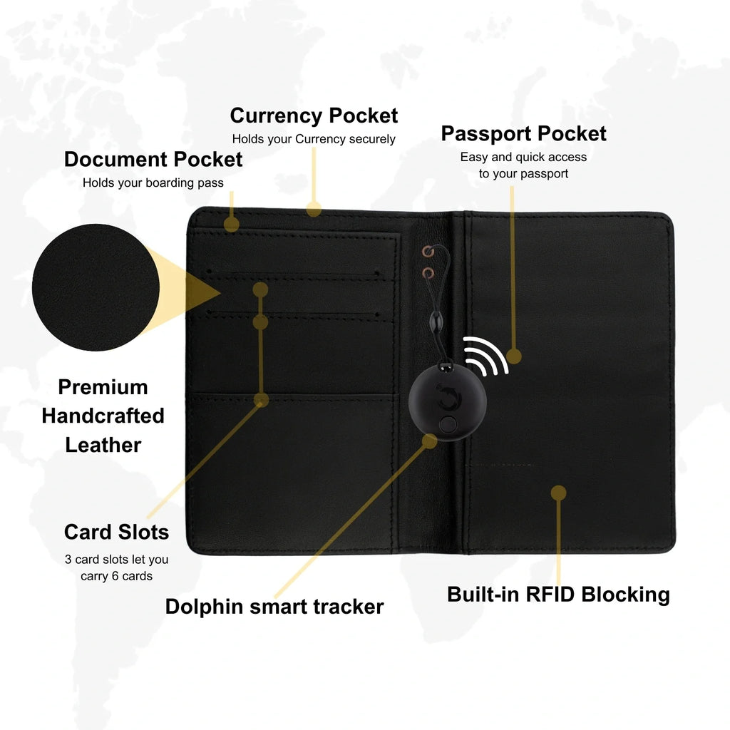 tag8 Dolphin Smart Leather Passport Tracker with premium leather case for secure and smart travel tracking