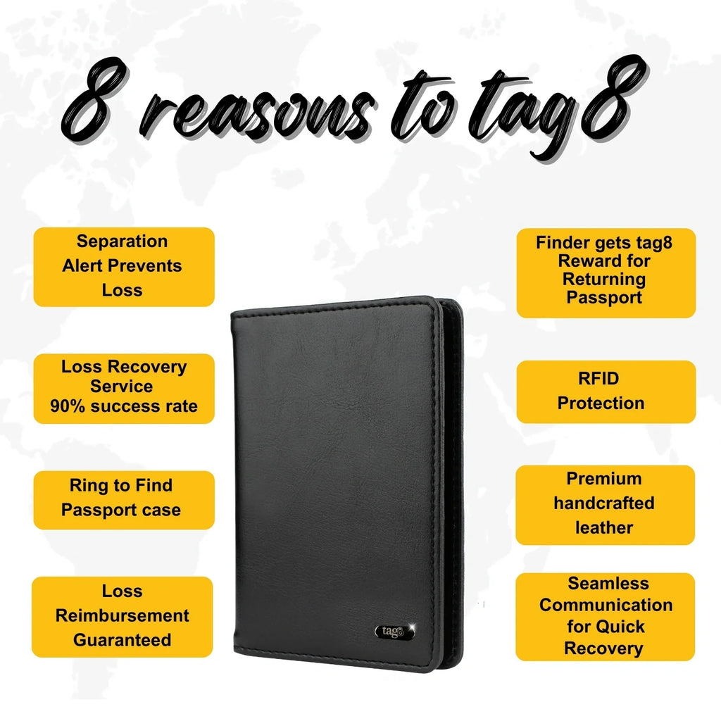 tag8 Leather Passport Combo with premium leather case and smart tracking for organized travel