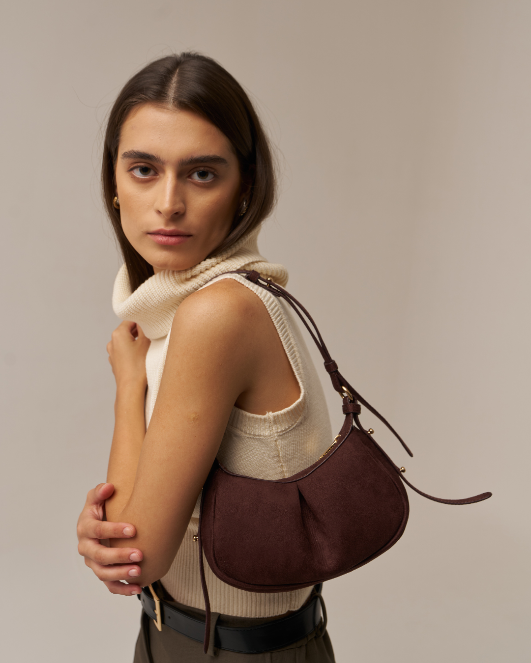 The Pleated Moon Suede Dark Chocolate Bag