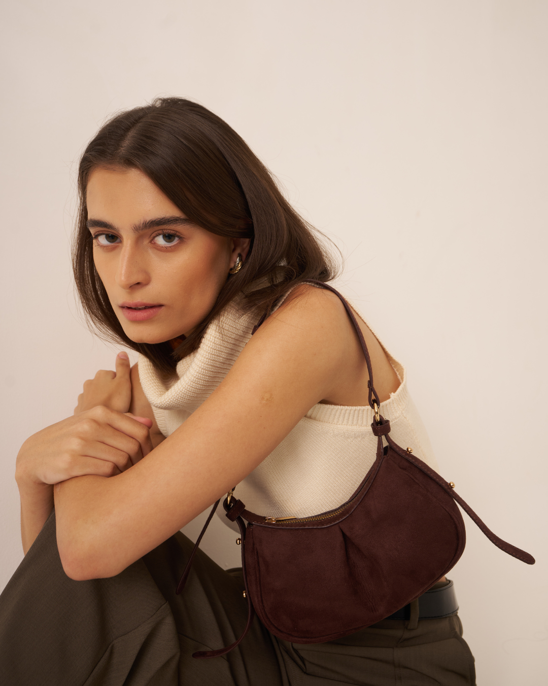 The Pleated Moon Suede Dark Chocolate Color Bag