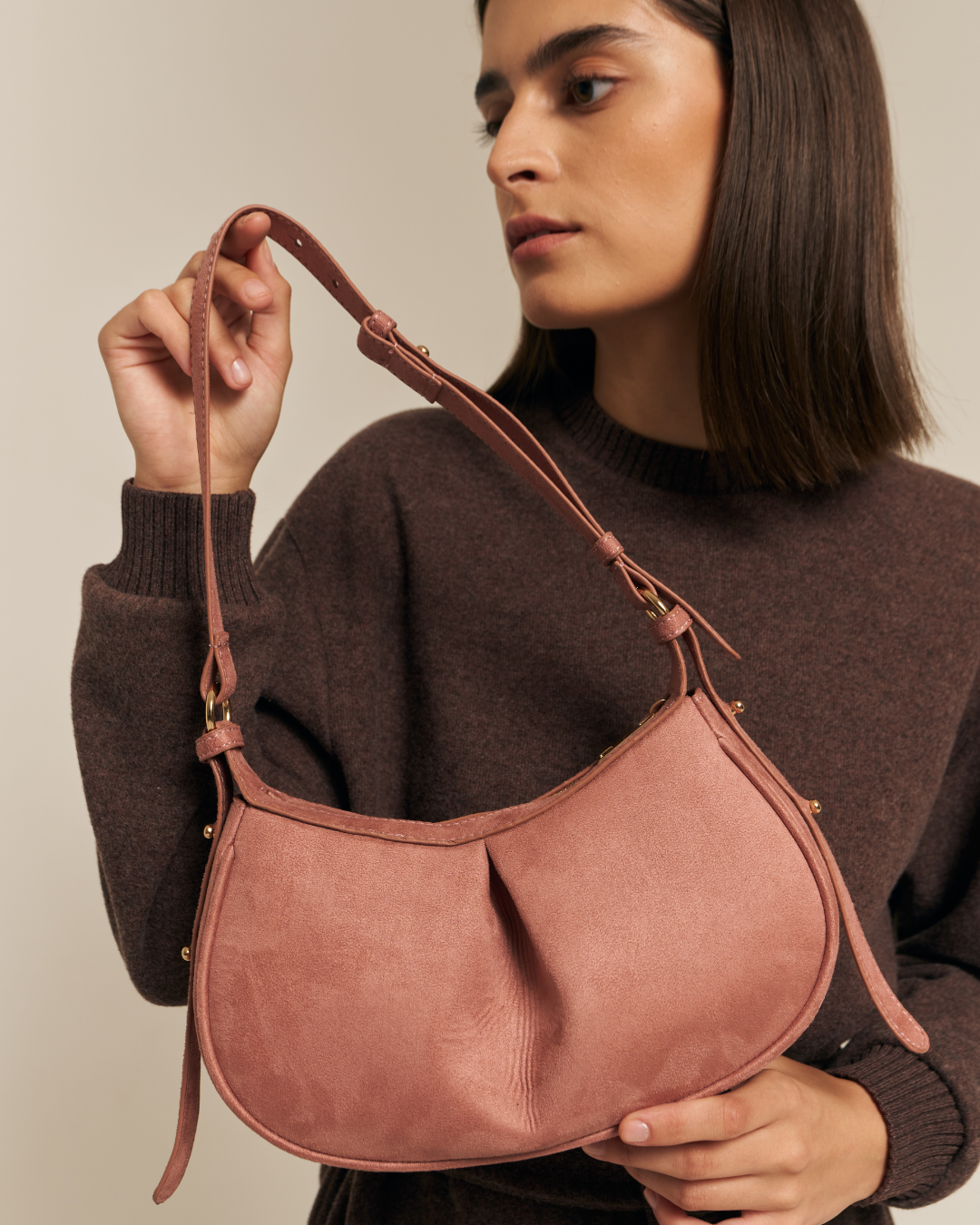 The Pleated Moon Suede Pink Color Bag