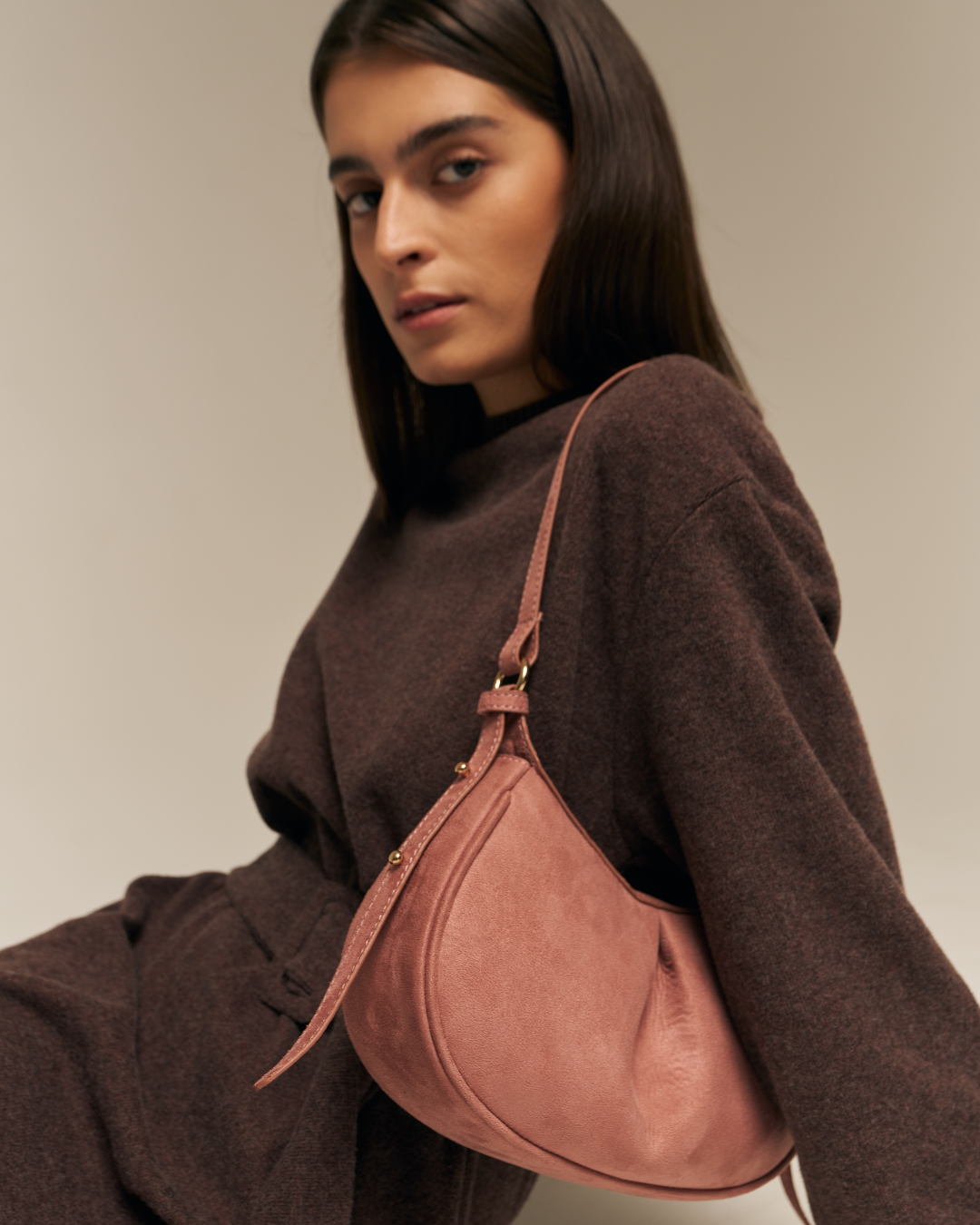 The Pleated Moon Suede Pink Shoulder Bag