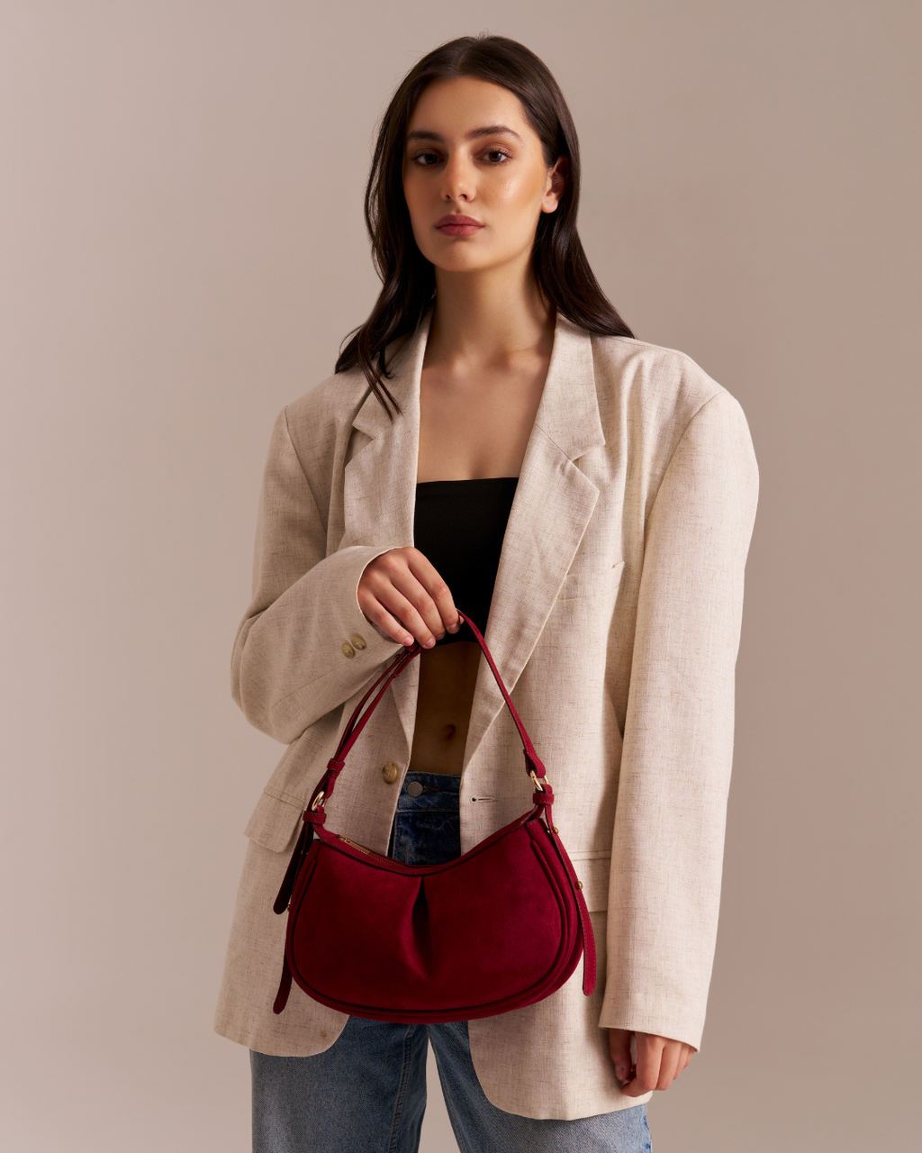 The Pleated Moon Suede Red Bag