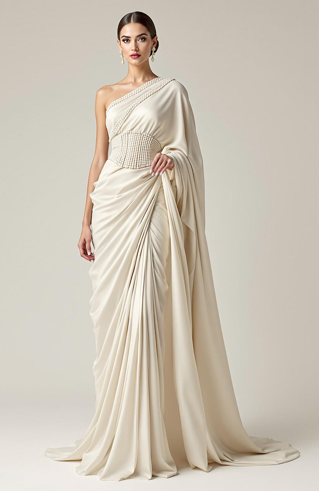 Ivory one-shoulder saree gown with pearl-beaded corset belt and draped pleats