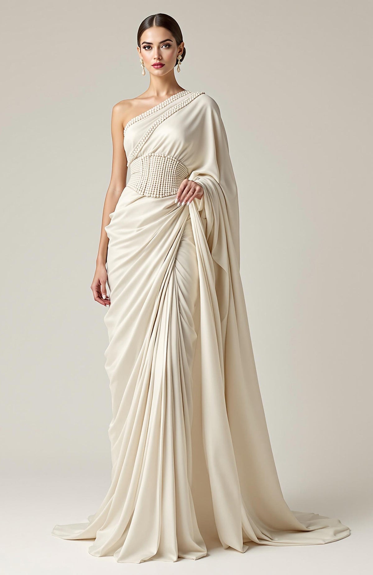 Powder blue one-shoulder saree gown with pearl-beaded draped design and corset belt