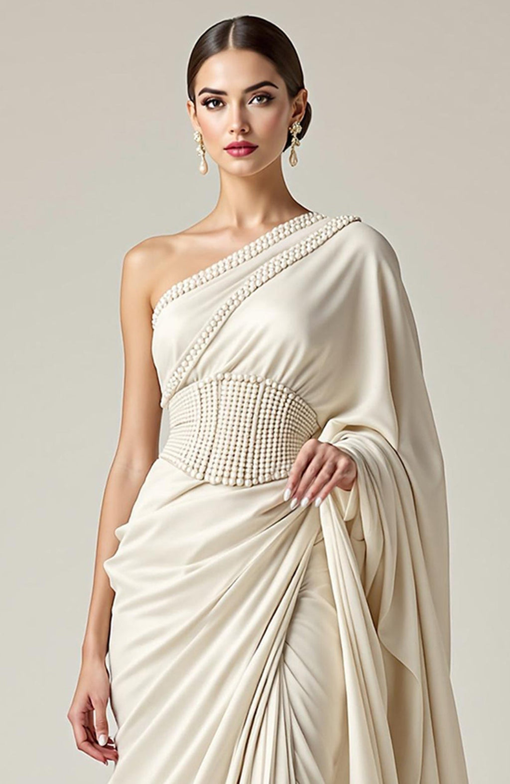Ivory one-shoulder saree gown with pearl-beaded corset belt and draped pleats.