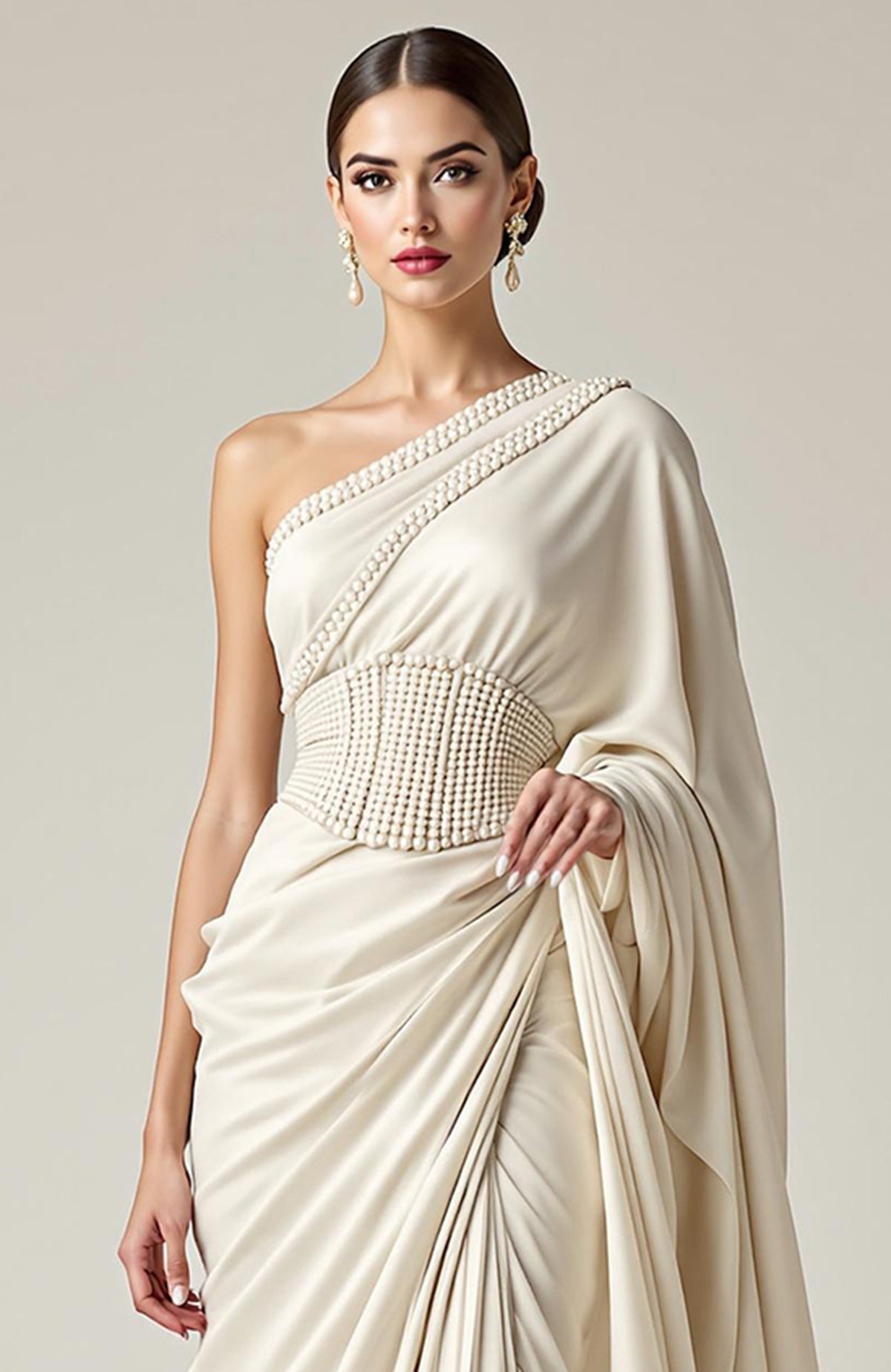 Ivory one-shoulder saree gown with pearl-beaded corset belt and draped pleats.