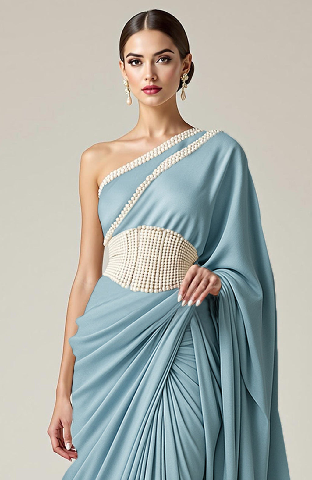Powder blue one-shoulder saree gown with pearl-beaded draped design and corset belt