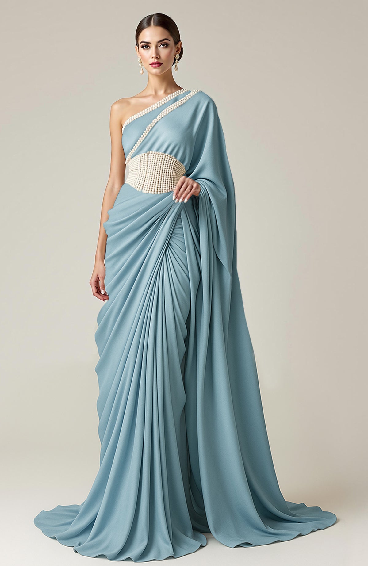 Powder blue one-shoulder saree gown with pearl-beaded draped design and corset belt.