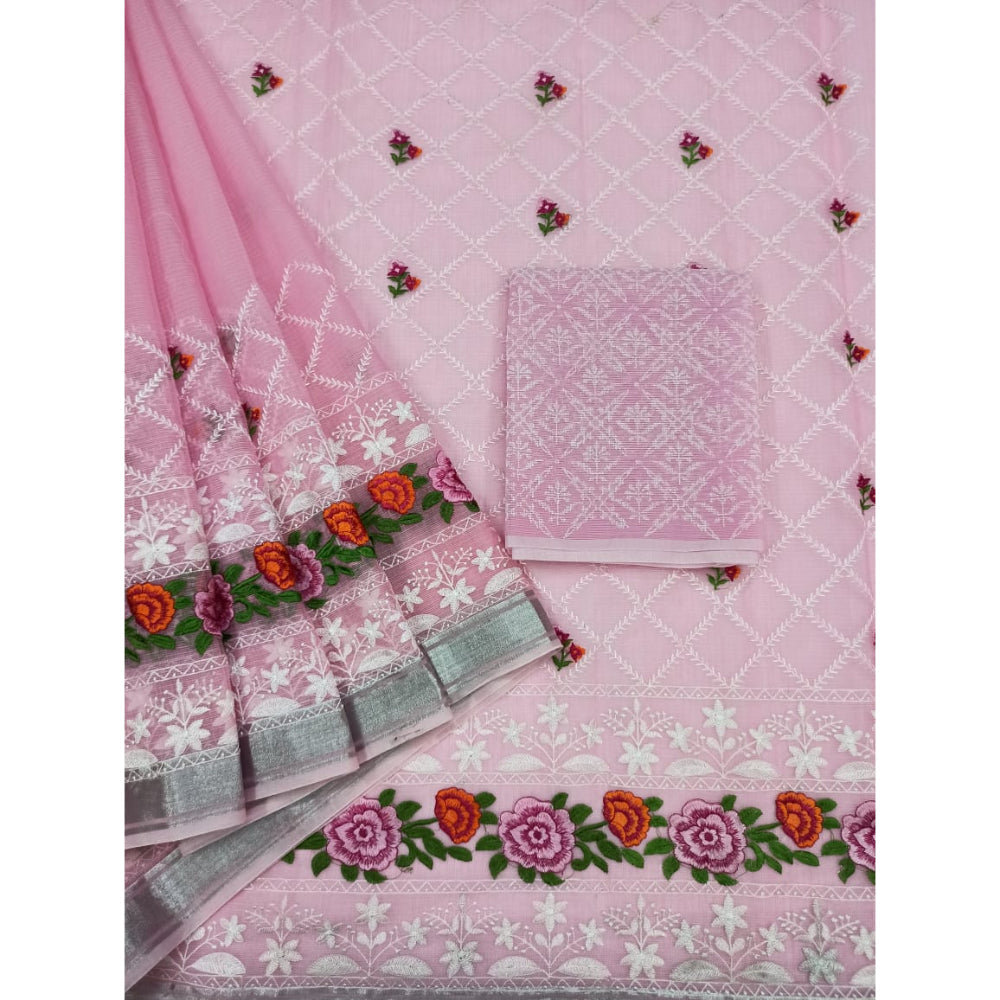 Pure Cotton Kota Doria Chikenkari Pink Saree with blouse Handcrafted-Indiehaat